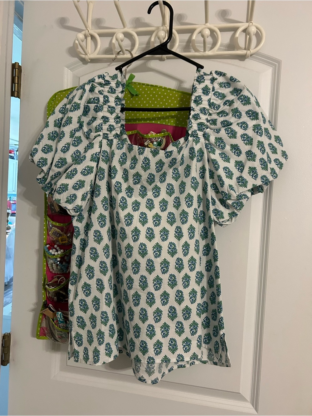 CeCe White Puff-Sleeve Top with Blue & Green Floral Motif